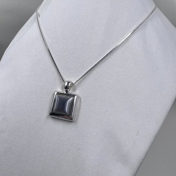 NY Silver Toned 16” Necklace with Smokey Grey Square Tigers Eye Pendant - Picture 2 of 5